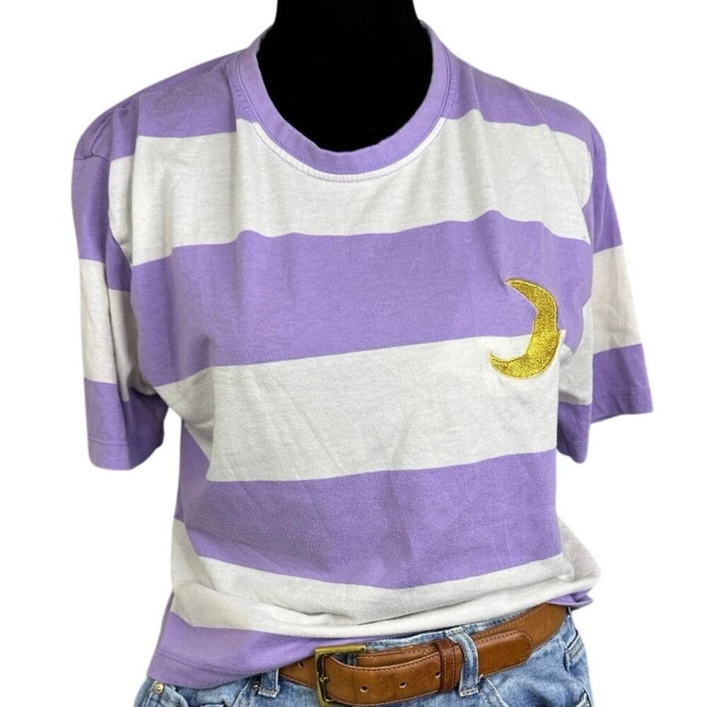 Hot Topic Purple White Striped Gold Moon Crop Shirt